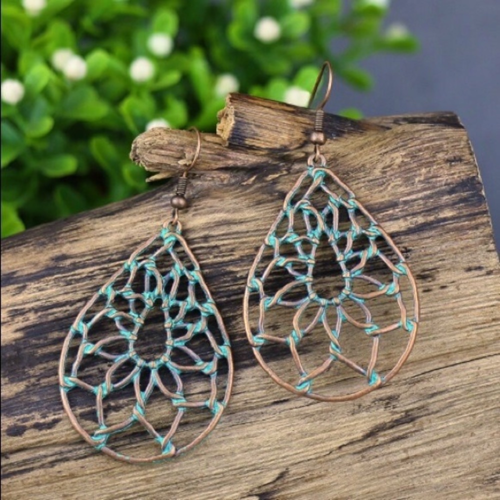 New Bohemian Cut Out Floral Dream Catcher Copper Turquoise Dangle Earrings - Picture 4 of 8